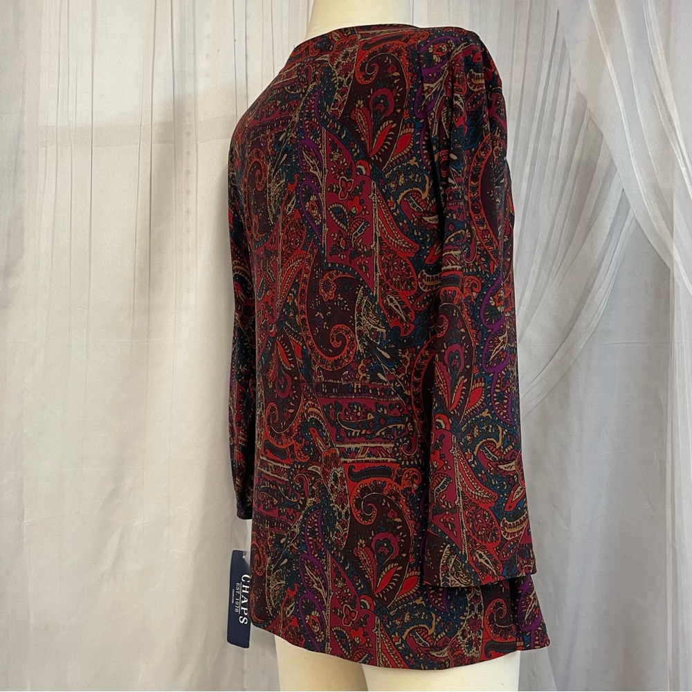 Chaps Multicolor Paisley V-Neck Blouse Vibrant Design Office Business Top Tunic - Picture 3 of 8